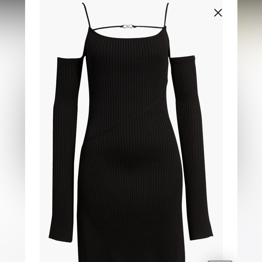 Mach & Mach Crystal Bow Ribbed Off Shoulder Long Sleeve Mini Sweater Dress - Picture 4 of 12
